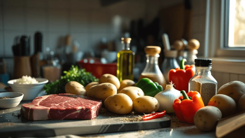 Raw steak, baby potatoes, bell peppers, and seasonings arranged on a kitchen counter, ready for cooking.