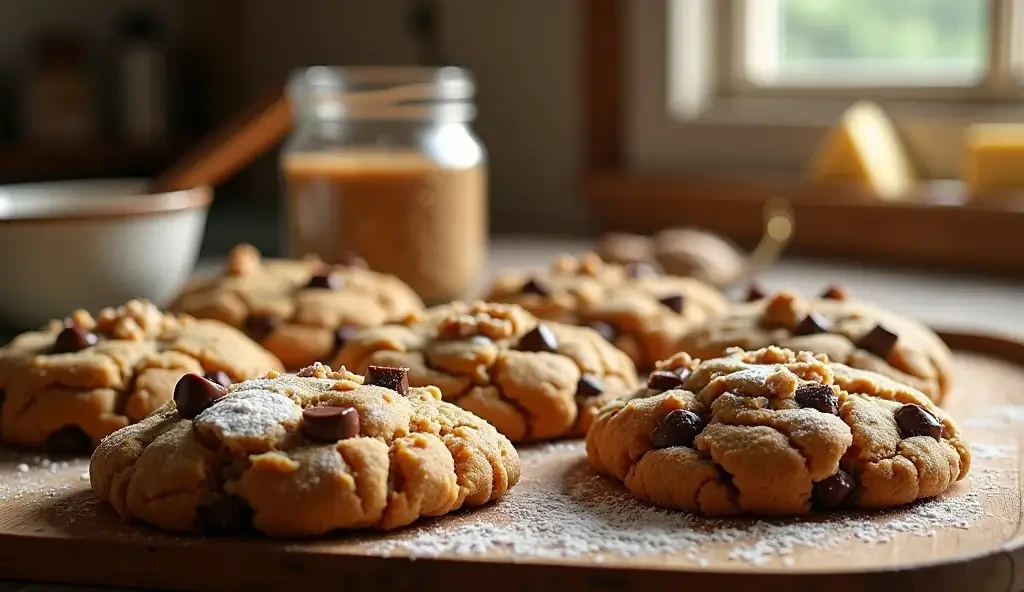 Freshly baked Rumbl cookies with cracked golden-brown tops, oozing chocolate chunks, toasted walnuts, and caramel glaze on a rustic wooden tray surrounded by baking ingredients.