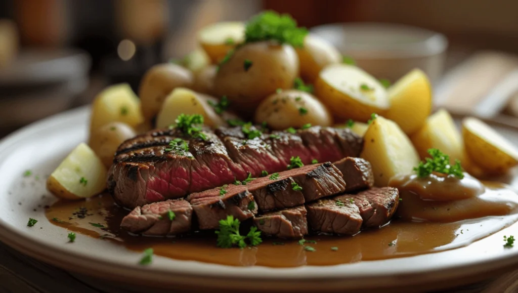 Sliced grilled steak served with baby potatoes and brown gravy on a white plate.