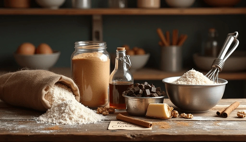 Rustic arrangement of Rumbl Cookie ingredients: flour, brown sugar, eggs, butter, dark chocolate chunks, walnuts, rum, and cinnamon sticks on a wooden table with baking tools.