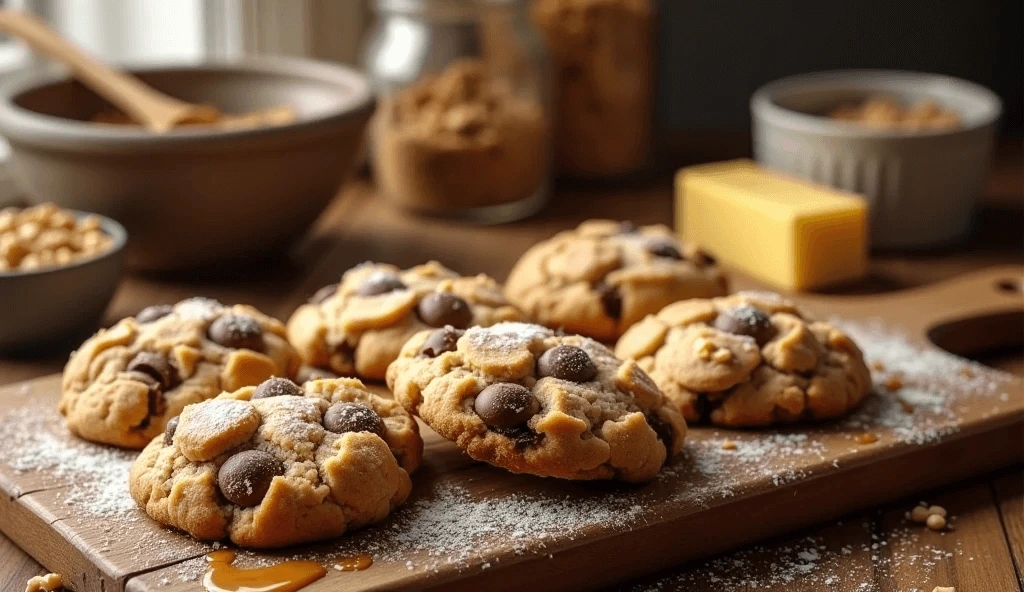 Homemade Rumbl Cookies with cracked golden-brown crusts, melted chocolate chunks, toasted walnuts, and caramel drizzle on a rustic wooden board, surrounded by baking ingredients.