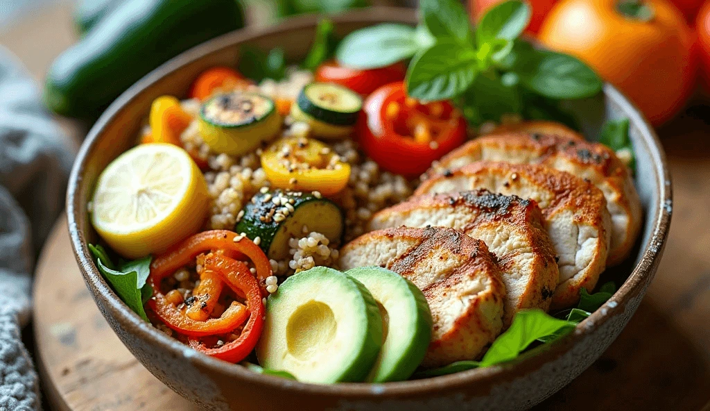 Grilled chicken and quinoa bowl with sliced avocado, zucchini, bell peppers, cherry tomatoes, and lemon slices.