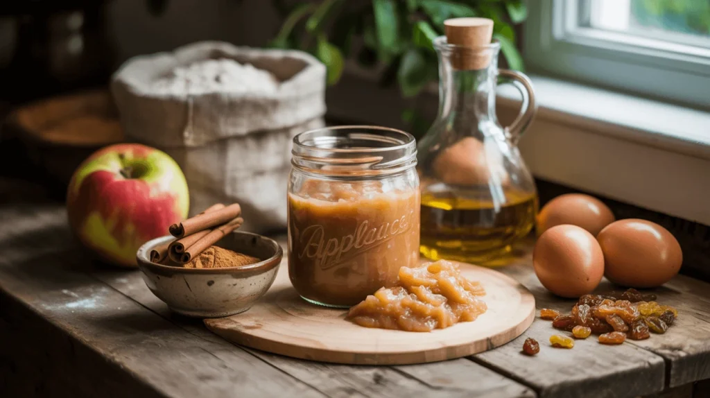 A vibrant arrangement of applesauce cake ingredients on a rustic wooden surface: a wooden bowl filled with chunky applesauce, cinnamon sticks, ground spices, flour, brown sugar in a mason jar, eggs (or flaxseed gel and mashed banana for vegan options), walnuts, and a weathered recipe card with handwritten notes, bathed in warm, golden sunlight.