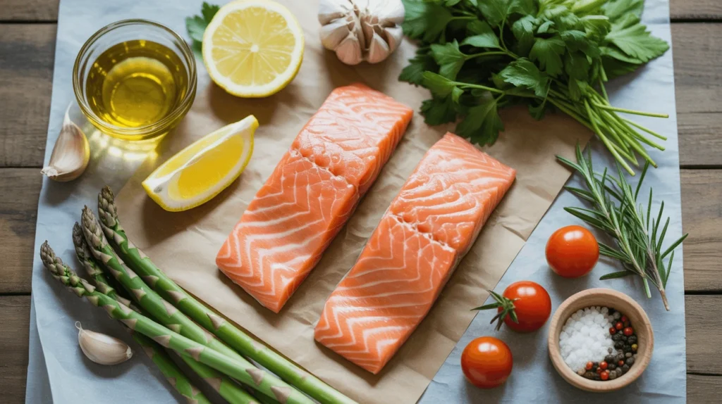 Fresh raw salmon fillets with lemon, garlic, olive oil, asparagus, tomatoes, and herbs on a parchment-lined surface