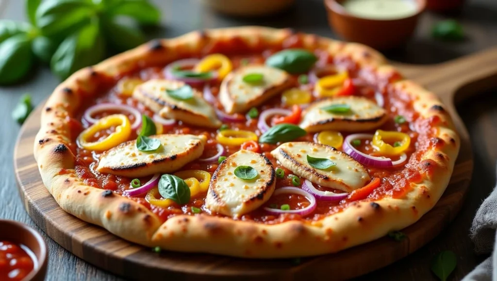 Ingredients for homemade pizza with grilled chicken, mozzarella cheese, bell peppers, red onions, tomato sauce, and fresh basil.