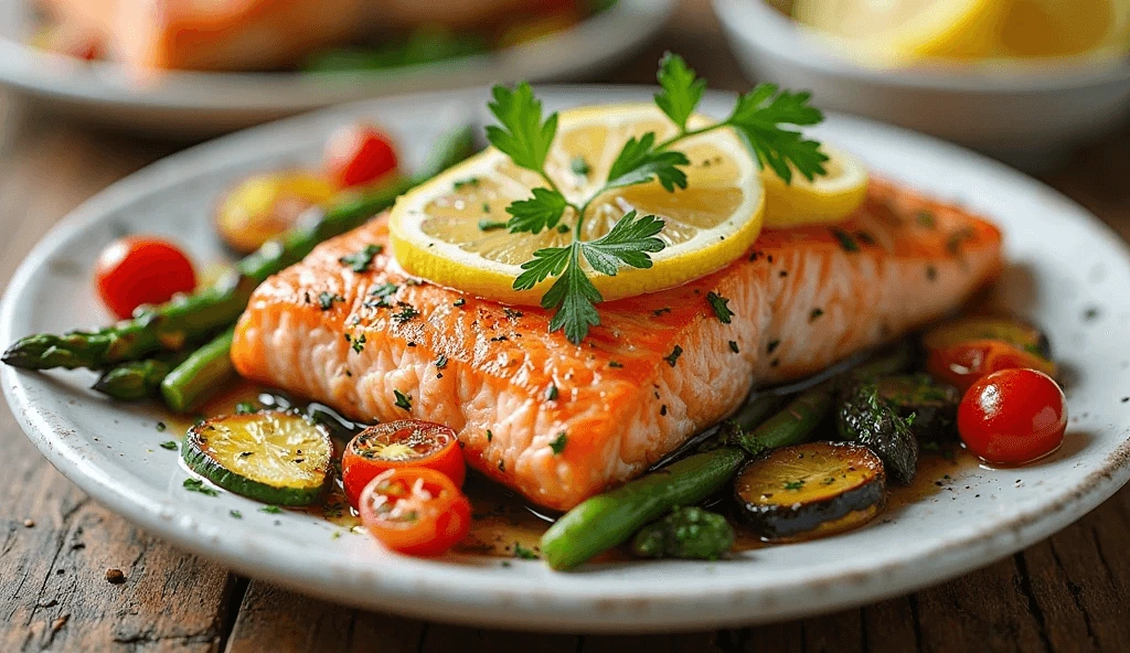 Oven-baked salmon fillets with lemon slices, roasted asparagus, zucchini, and cherry tomatoes on a white plate