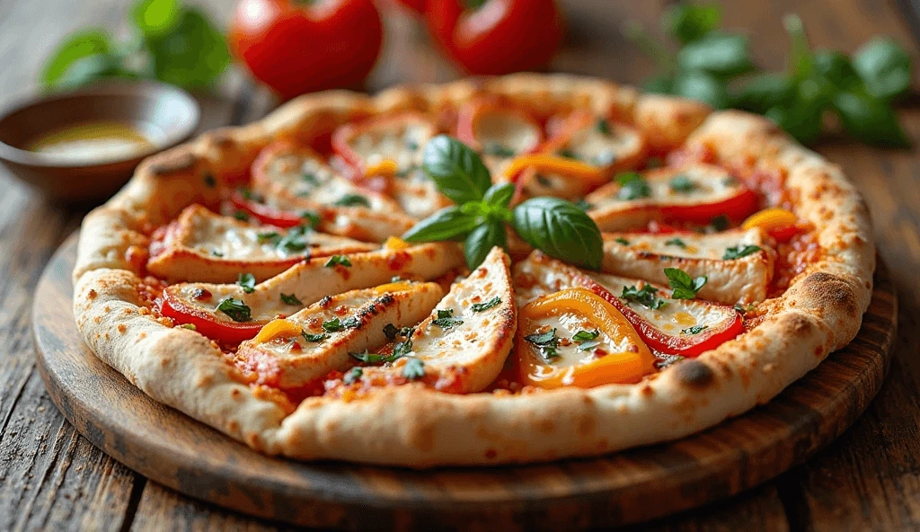 This image displays the essential ingredients for a homemade pizza with chicken recipe, including seasoned grilled chicken breast, shredded mozzarella cheese, vibrant bell peppers, red onions, tomato pizza sauce, fresh basil, and aromatic herbs. Perfect for showcasing a healthy and flavorful pizza preparation.