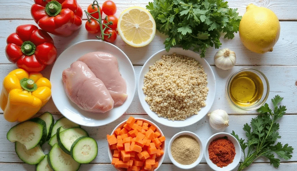 Fresh ingredients for a chicken and quinoa bowl, including raw chicken breasts, quinoa, bell peppers, carrots, cucumbers, herbs, and spices.