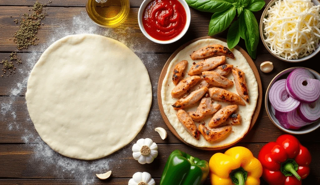 Pizza dough, grilled chicken strips, tomato sauce, mozzarella, onions, bell peppers, and herbs arranged for homemade chicken pizza.