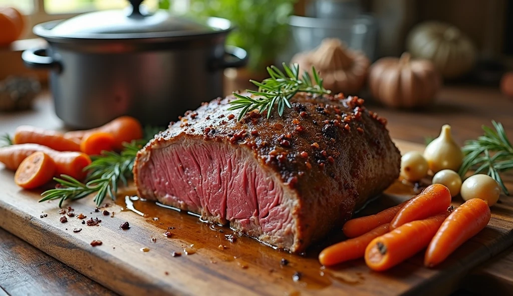 Perfectly cooked beef chuck roast with crispy crust, garnished with rosemary and served with garlic and carrots.