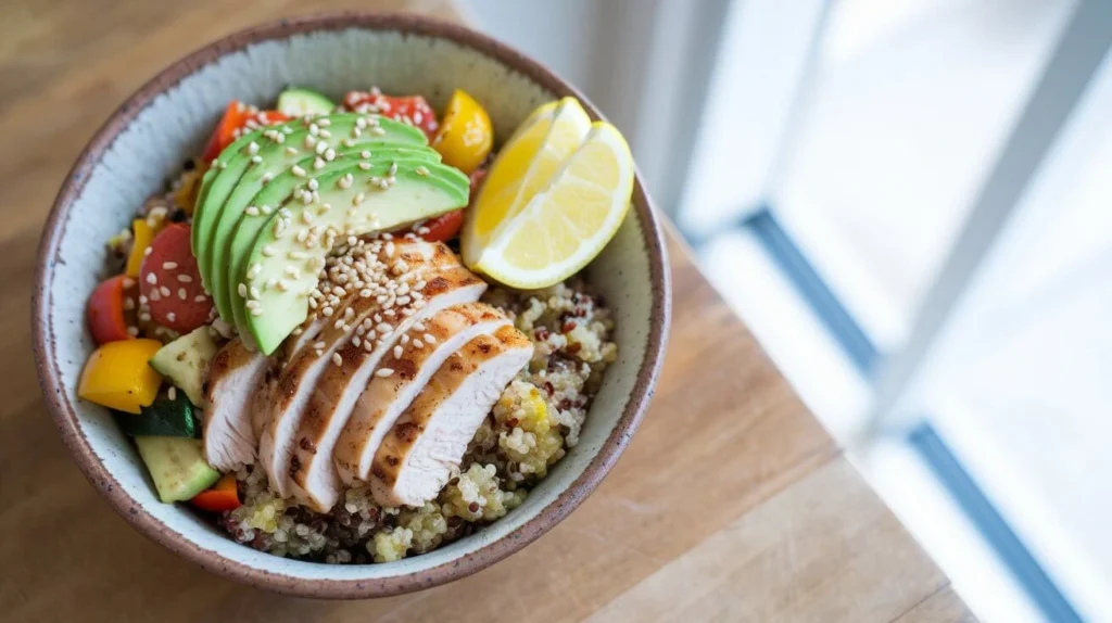 Healthy chicken and quinoa bowl with colorful vegetables and fresh herbs.