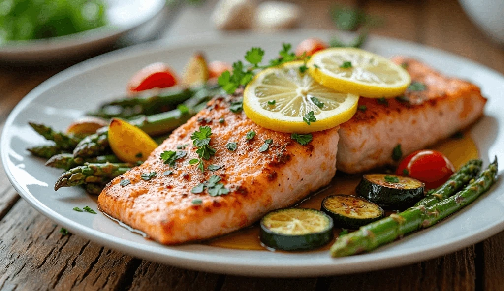 Baked salmon fillets with lemon slices, herbs, and roasted vegetables on a white plate