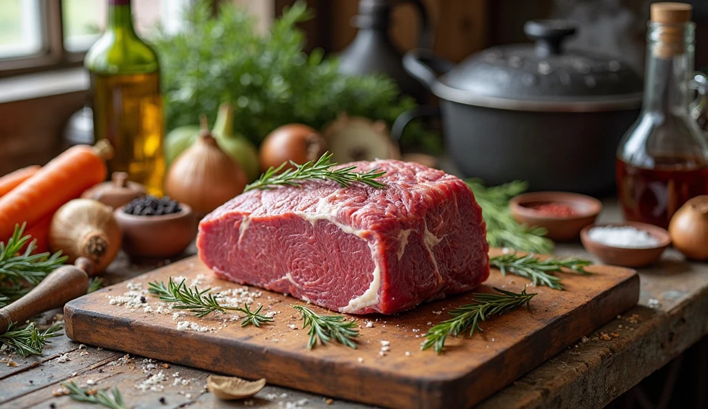 Raw beef chuck roast on a wooden cutting board with rosemary, onions, carrots, and seasonings ready for cooking.
