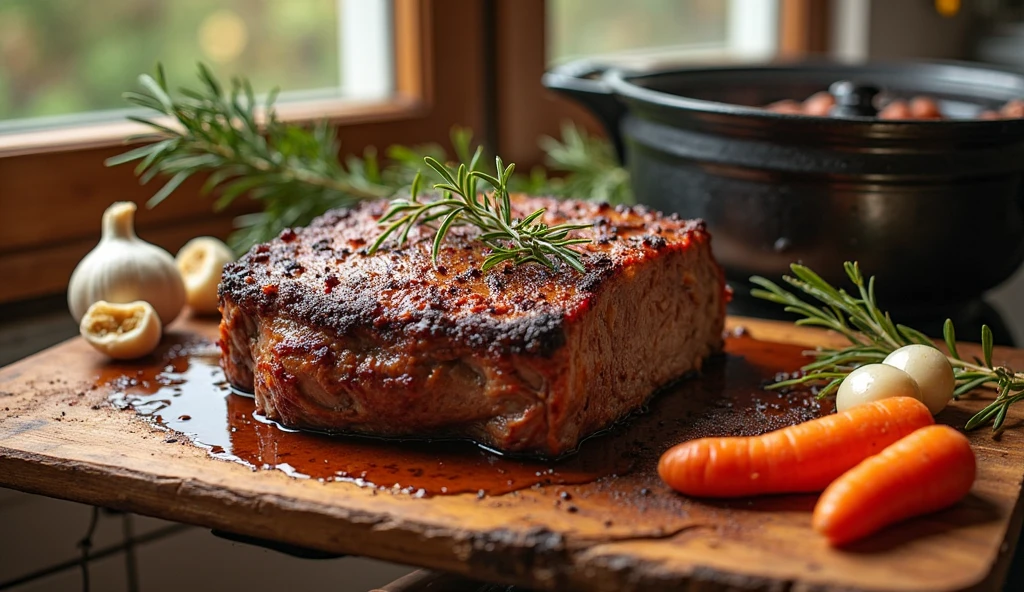 Juicy beef chuck roast with carrots and garlic, served on a rustic wooden board.
