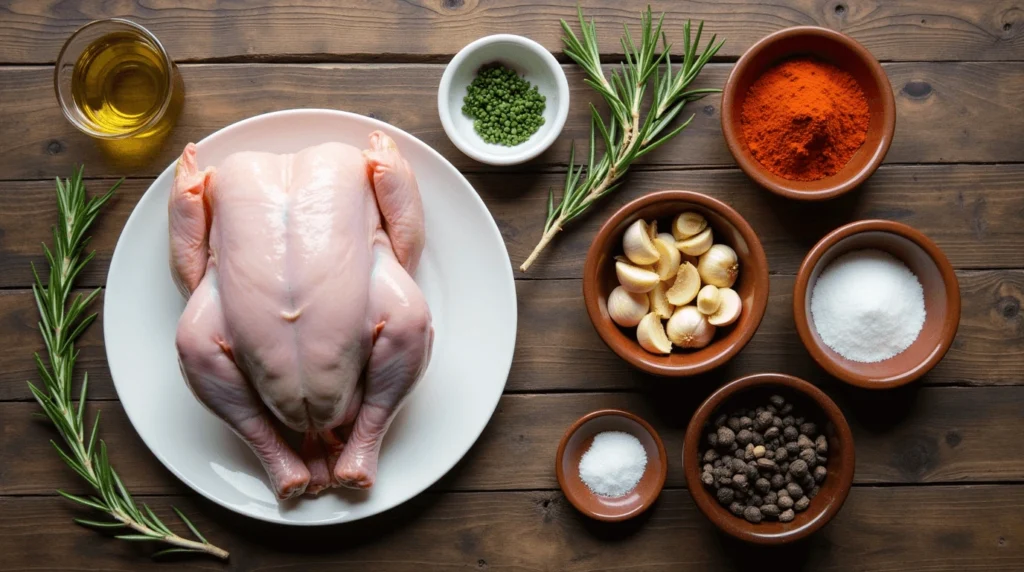 Raw turkey breast with seasoning ingredients including garlic, paprika, rosemary, pepper, and olive oil on a wooden table.