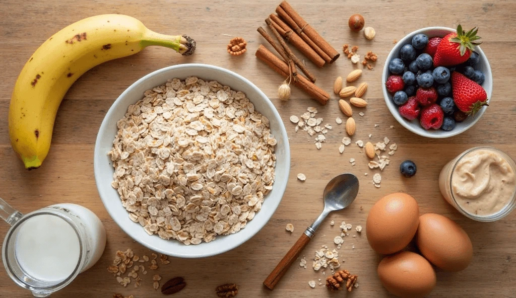 Ingredients for scrambled oats recipe including oats, banana, eggs, cinnamon, nut butter, and fresh fruit on a wooden table