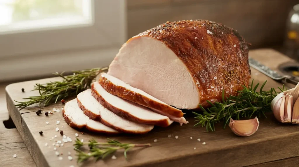 Smoked turkey breast with crispy golden skin, garnished with rosemary, lemon slices, and cranberries on a wooden board.