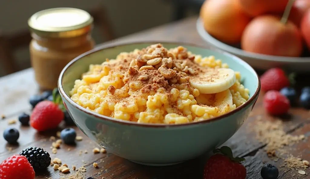 Scrambled oats breakfast bowl with banana slices, nuts, and cinnamon on a rustic table