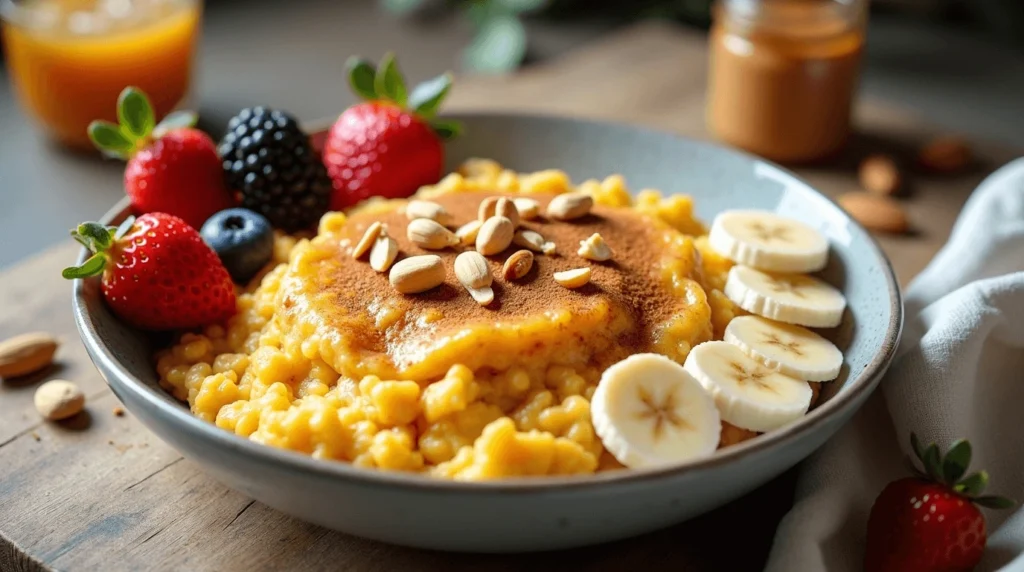 Bowl of scrambled oats topped with banana slices, nuts, and cinnamon with fresh berries on the side