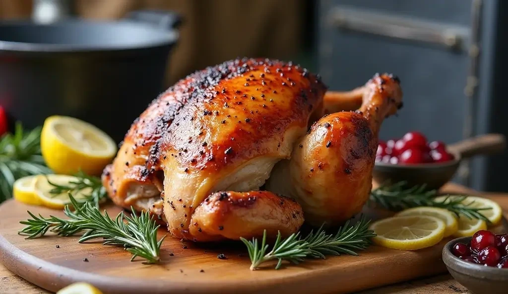 Golden smoked turkey breast on a wooden board with lemon slices, rosemary, and cranberries.