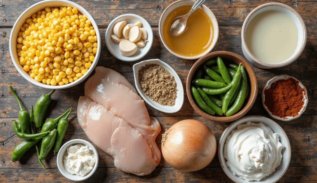 Fresh ingredients for white chicken chili with corn including chicken breast, corn kernels, green chilies, onion, spices, and dairy products on a rustic table.
