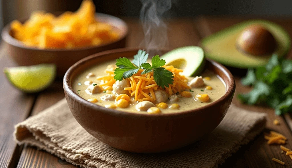 Bowl of creamy white chicken chili with corn, topped with shredded cheese, cilantro, and avocado, served with lime wedges on a rustic wooden table.