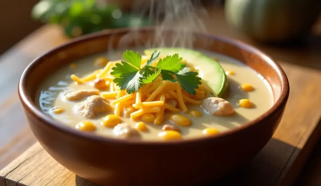 Creamy white chicken chili with corn served in a rustic bowl, topped with shredded cheese, avocado, and fresh cilantro, with lime on the side.